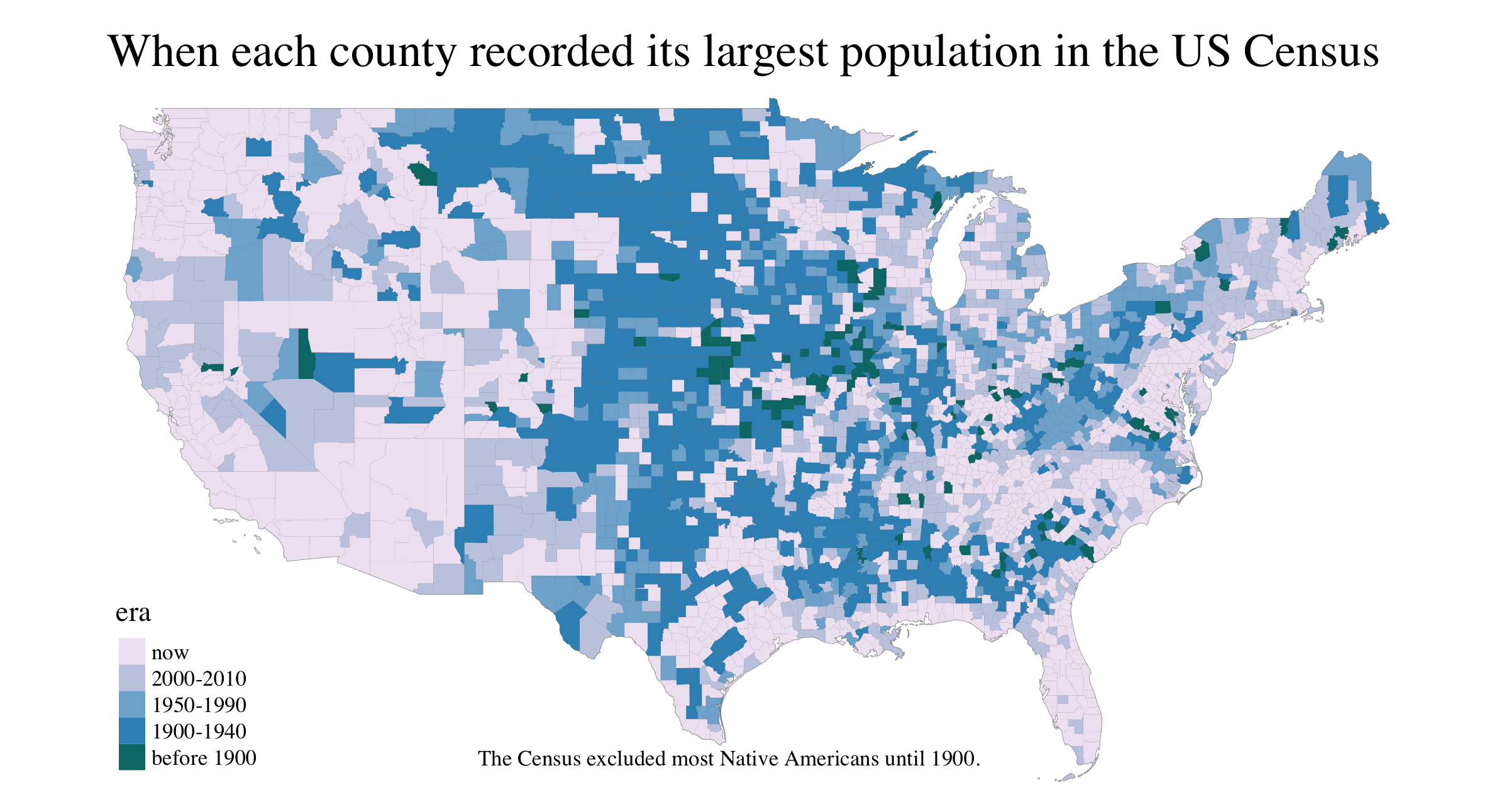 US Census Map showing when each county demonstrated its largest growth